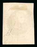1847–54 1s Deep Green. A fine example with four margins, marginal at base, lightly used with traces of postmark and a large part red “PAID” arc strike denoting transatlantic usage. A superb example with exceptionally dee