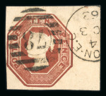 1847–54 10d Brown. A fine used example with very large margins and marginal at right, cancelled by London “78” duplex dated OC 3 63. A small corner crease at top right.  A superb and rare example of usage during the 1863