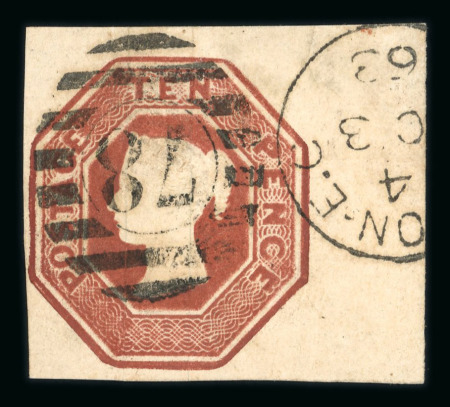 1847–54 10d Brown. A fine used example with very large margins and marginal at right, cancelled by London “78” duplex dated OC 3 63. A small corner crease at top right.  A superb and rare example of usage during the 1863