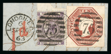 Stamp of Great Britain » 1847-54 Embossed 1847-54 10d brown with four large margins on piece with 1862 6d lilac tied London "75" postmarks