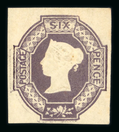 1847–54 6d Violet (watermark reversed, as usual). A very fine example with four large to very large margins, retaining greenish-tinted original gum. Shows a ghost impression at left and below. A trace of a tiny tone in t