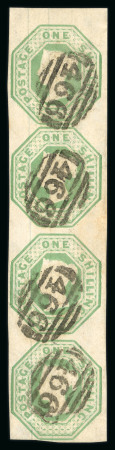 1847–54 1s Pale Green, Die 2. A very fine used vertical strip of three with good margins all round, neatly cancelled by strikes of the “466” Liverpool numeral. A scarce and attractive multiple. (SG £3,000 as singles).