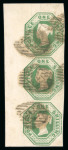 Stamp of Great Britain » 1847-54 Embossed 1847-54 1s green die 2 in upper left marginal vertical strip of 3 used