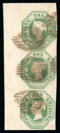 Stamp of Great Britain » 1847-54 Embossed 1847-54 1s green die 2 in upper left marginal vertical strip of 3 used