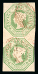 1847-54 1s pale green die 1 used vertical pair, clear margins all around, with red "466" numerals of Liverpool