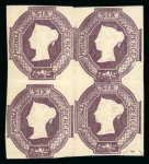 1847–54 6d Purple, Fresh Mint Block of Four — Exceptionally Rare Exhibition Piece  An exceptionally rare and highly desirable mint block of four, with large part original gum showing the characteristic greenish tint, and