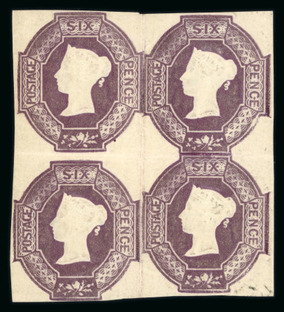 1847–54 6d Purple, Fresh Mint Block of Four — Exceptionally Rare Exhibition Piece  An exceptionally rare and highly desirable mint block of four, with large part original gum showing the characteristic greenish tint, and