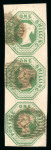 1847–54 1s Green, Die 2. A very fine vertical strip of three with good margins, very large at top, neatly cancelled by London “22” numerals. The lower stamp with a small corner crease at the lower right, clear of the des