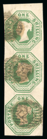 1847–54 1s Green, Die 2. A very fine vertical strip of three with good margins, very large at top, neatly cancelled by London “22” numerals. The lower stamp with a small corner crease at the lower right, clear of the des