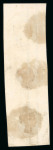 1847–54 1s Green, Die 2. A very fine vertical strip of three with good margins, very large at top, neatly cancelled by London “22” numerals. The lower stamp with a small corner crease at the lower right, clear of the des