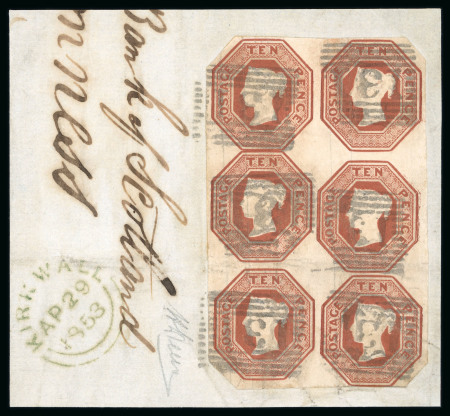 Stamp of Great Britain » 1847-54 Embossed GB 1847-54 Embossed 10d brown in block of six, tied "131" postmarks of Edinburgh to piece