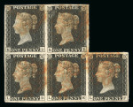 1840 1d Black Plate 2, irregular block of five (KD–LF). A most unusual and attractive multiple with good margins throughout and cancelled by red Maltese Crosses. The LE stamp shows the constant “double E” variety. Corner