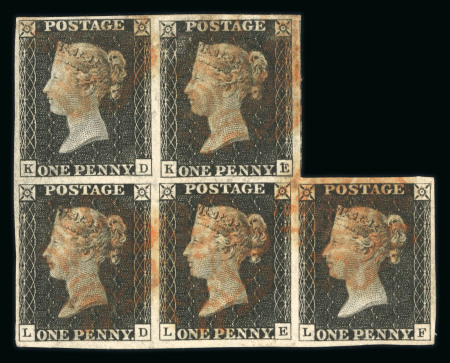 1840 1d Black Plate 2, irregular block of five (KD–LF). A most unusual and attractive multiple with good margins throughout and cancelled by red Maltese Crosses. The LE stamp shows the constant “double E” variety. Corner