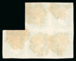 1840 1d Black Plate 2, irregular block of five (KD–LF). A most unusual and attractive multiple with good margins throughout and cancelled by red Maltese Crosses. The LE stamp shows the constant “double E” variety. Corner