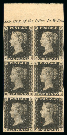 Stamp of Great Britain » 1840 1d Black and 1d Red plates 1a to 11 1840 1d black pl.11 AH-CI, marvellous upper marginal block of six