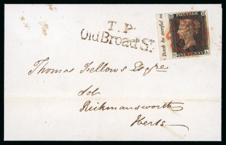 Stamp of Great Britain » 1840 1d Black and 1d Red plates 1a to 11 1840 1d black pl.4 GA left hand marginal with inscription on cover to Rickmansworth with fine strike of red MC