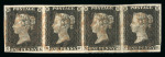 1840 1d Black Plate 1b. A horizontal strip of four (OE–OH) with good to large margins, lightly struck red Maltese Cross cancellations