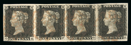 1840 1d Black Plate 1b. A horizontal strip of four (OE–OH) with good to large margins, lightly struck red Maltese Cross cancellations
