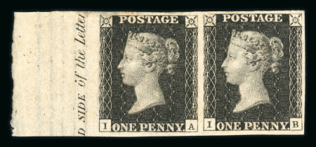 1840 1d Black, Plate 5 (IA–IB). Left-hand sheet marginal pair mint showing part of the inscription “D SIDE of the Letter”