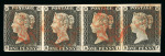 1840 1d Grey-Black, Plate 1a. A horizontal strip of four (RG–RJ) showing clear plate wear, used