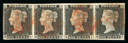 1840 1d Grey-Black, Plate 1a. A horizontal strip of four (RG–RJ) showing clear plate wear, used