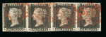 Stamp of Great Britain » 1840 1d Black and 1d Red plates 1a to 11 1840 1d black pl.1b in horizontal strip of four LC-LF with good margins and fine strikes of red MC