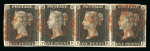 1840 1d Black Plate 7. A horizontal strip of four (PC–PF) with margins all round, neatly struck with red Maltese Cross cancellations. A fine and attractive multiple in scarce strip format.  Provenance: Robson Lowe sale, 