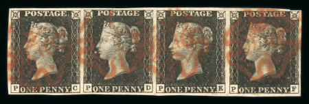 1840 1d Black Plate 7. A horizontal strip of four (PC–PF) with margins all round, neatly struck with red Maltese Cross cancellations. A fine and attractive multiple in scarce strip format.  Provenance: Robson Lowe sale, 