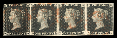Stamp of Great Britain » 1840 1d Black and 1d Red plates 1a to 11 1840 1d black pl.6 in used horizontal strip of four NA-ND
