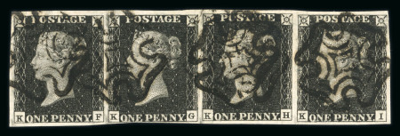 1840 1d Black Plate 10. A horizontal strip of four (KF–KI) with good margins, neatly struck by four fine black Maltese Cross cancellations
