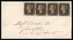 1840 1d Grey-Black, Plate 6 (JB–JE). Horizontal strip of four on cover — exceptional quality.  An outstanding and highly desirable usage, the horizontal strip of four is affixed to a cover from Bedford dated 1 February 1