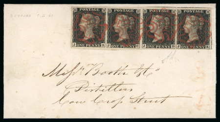 1840 1d Grey-Black, Plate 6 (JB–JE). Horizontal strip of four on cover — exceptional quality.  An outstanding and highly desirable usage, the horizontal strip of four is affixed to a cover from Bedford dated 1 February 1