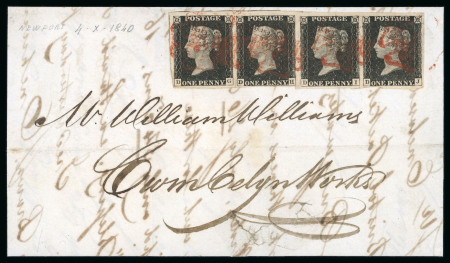 Stamp of Great Britain » 1840 1d Black and 1d Red plates 1a to 11 1840 1d black pl.1b  strip of four DG-DJ on entire from Newport