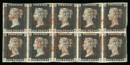 1840 1d Black, Plate 7 (BC–CG). Exceptional block of ten used with light red Maltese Crosses