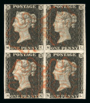 Stamp of Great Britain » 1840 1d Black and 1d Red plates 1a to 11 1840 1d Black, Plate 2 (MK–NL) Block of Four, Used    A fine and scarce used block of four from Plate 2, positions MK–NL, with clear to good margins and neatly struck red Maltese Cross cancellations. The block is well-pr