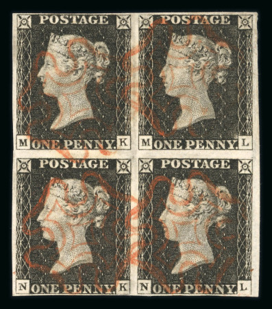 Stamp of Great Britain » 1840 1d Black and 1d Red plates 1a to 11 1840 1d Black, Plate 2 (MK–NL) Block of Four, Used    A fine and scarce used block of four from Plate 2, positions MK–NL, with clear to good margins and neatly struck red Maltese Cross cancellations. The block is well-pr