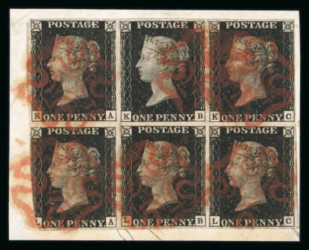 Stamp of Great Britain » 1840 1d Black and 1d Red plates 1a to 11 1840 1d black pl.8 in used block of six on piece