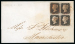 Stamp of Great Britain » 1840 1d Black and 2d Blue "May Dates" 1840 1d black pl.1a block of four CD-DE with four margins on cover from Leeds to Manchester dated May 15th 1840