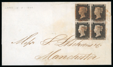 Stamp of Great Britain » 1840 1d Black and 2d Blue "May Dates" 1840 1d black pl.1a block of four CD-DE with four margins on cover from Leeds to Manchester dated May 15th 1840