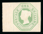 1847–54 1s Pale Green, Die 2 Fresh Mint with Left-Hand Sheet Margin.  A superb example of this classic issue, exhibiting large, well-balanced margins on all sides and a left-hand sheet margin, enhancing its positional si