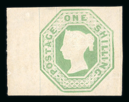 1847–54 1s Pale Green, Die 2 Fresh Mint with Left-Hand Sheet Margin.  A superb example of this classic issue, exhibiting large, well-balanced margins on all sides and a left-hand sheet margin, enhancing its positional si