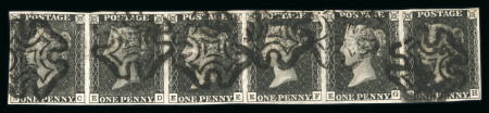 Stamp of Great Britain » 1840 1d Black and 1d Red plates 1a to 11 1840 1d grey-black pl.5 in horizontal strip of 5 EC-EH with clear to good margins and six fine strikes of black MC