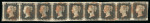 1840 1d black pl.2 in horizontal strip of nine PB-PJ with good to large margins all round and numerous strikes of red MC