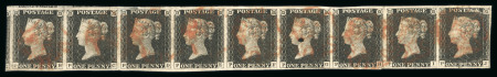 1840 1d black pl.2 in horizontal strip of nine PB-PJ with good to large margins all round and numerous strikes of red MC