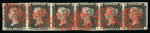 1840 1d Black Plate 1b. A horizontal strip of six (MD–MI), mostly with good margins, just touched at the lower right corner of MI. Bold strikes of red Maltese Cross cancellations. Light bend on MH and a small thin spot i