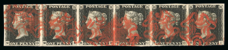 1840 1d Black Plate 1b. A horizontal strip of six (MD–MI), mostly with good margins, just touched at the lower right corner of MI. Bold strikes of red Maltese Cross cancellations. Light bend on MH and a small thin spot i