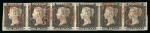 1840 1d Black Plate 2. A horizontal strip of six (BA–BF) with clear to good margins, each stamp struck with brownish-orange Maltese Crosses