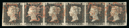 1840 1d Black Plate 2. A horizontal strip of six (BA–BF) with clear to good margins, each stamp struck with brownish-orange Maltese Crosses