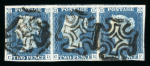 1840 2d Pale Blue Plate 1 (CD–CF). A horizontal strip of three with good to large margins, each stamp crisply cancelled by black Maltese Crosses. Very fine and most attractive.