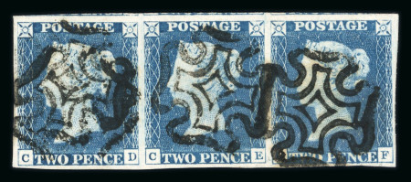 1840 2d Pale Blue Plate 1 (CD–CF). A horizontal strip of three with good to large margins, each stamp crisply cancelled by black Maltese Crosses. Very fine and most attractive.